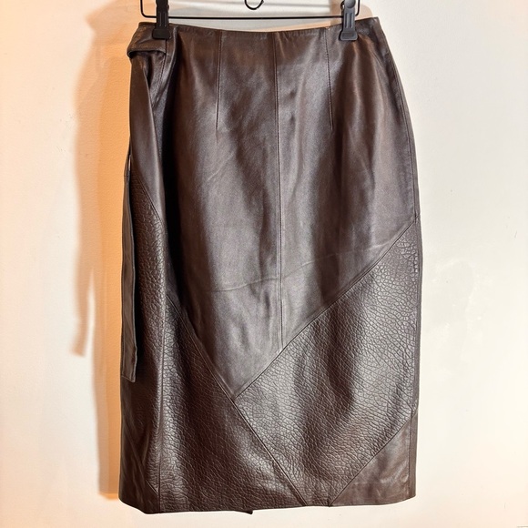 ASOS Sz 0 Brown Leather Wrap Midi Skirt Smooth and Patterned Lined Belted NWOT - Picture 10 of 11